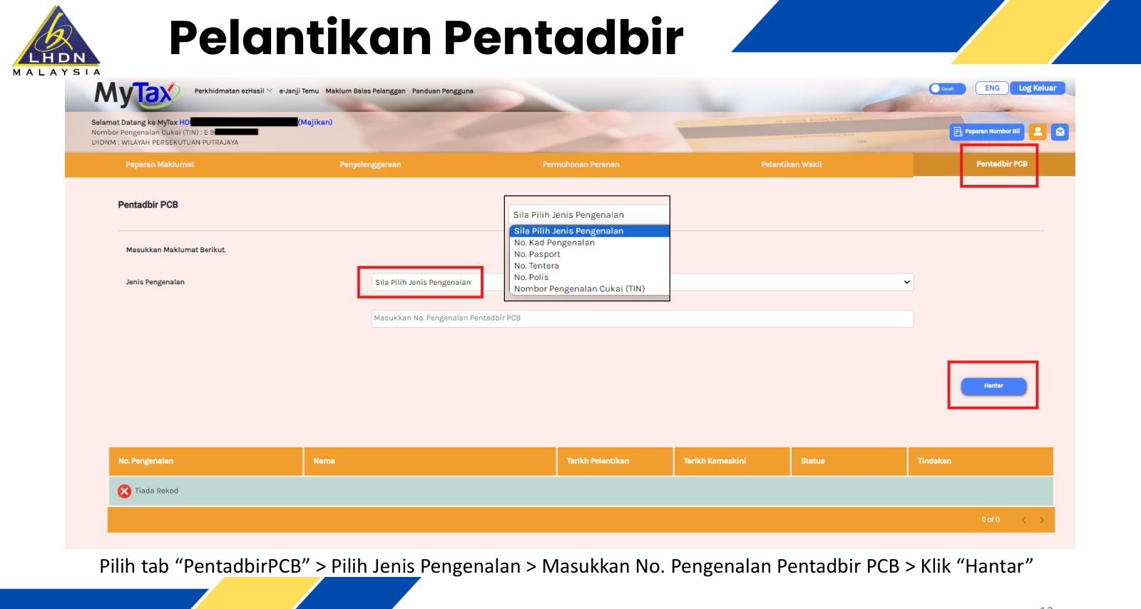 Appointing a Pentadbir PCB: Profil > tab Pentadbir PCB > identity type and number > Hantar. Source: LHDN, e-PCB Plus role registration deck (14 Feb 2025), p.12.