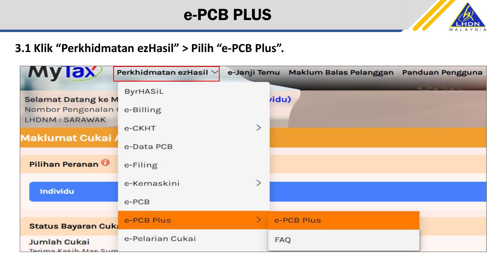 Perkhidmatan ezHasil > e-PCB Plus. Source: LHDN, e-PCB Plus training deck (14 Feb 2025), p.9.