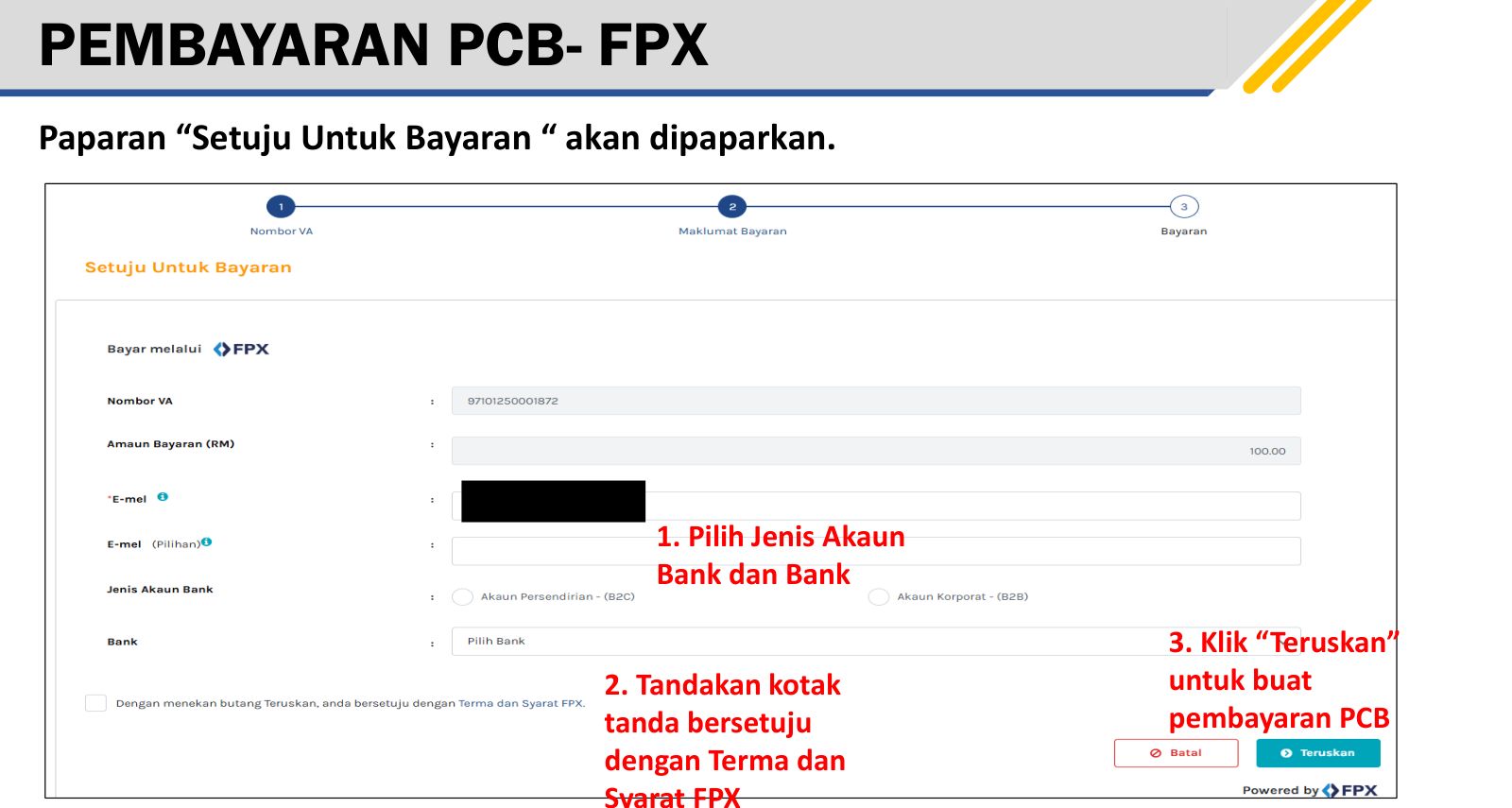 Setuju Untuk Bayaran: account type (B2C or B2B), bank, FPX terms, Teruskan. Source: LHDN, e-PCB Plus training deck (14 Feb 2025), p.35.