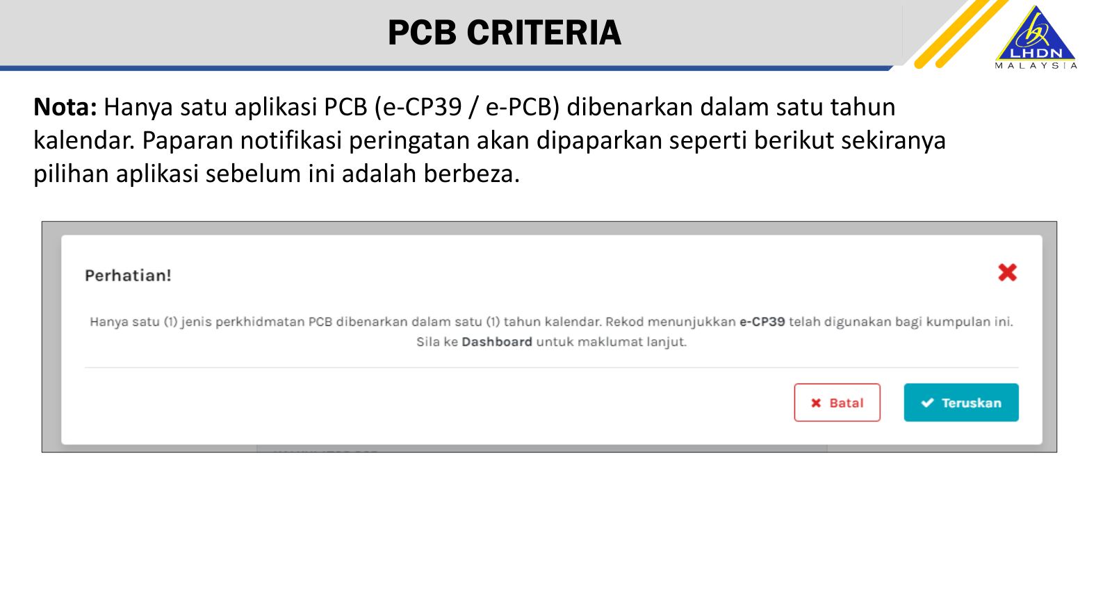 The warning e-PCB Plus shows: only one PCB service (e-CP39 or e-PCB) per calendar year. Source: LHDN, e-PCB Plus training deck (14 Feb 2025), p.14.