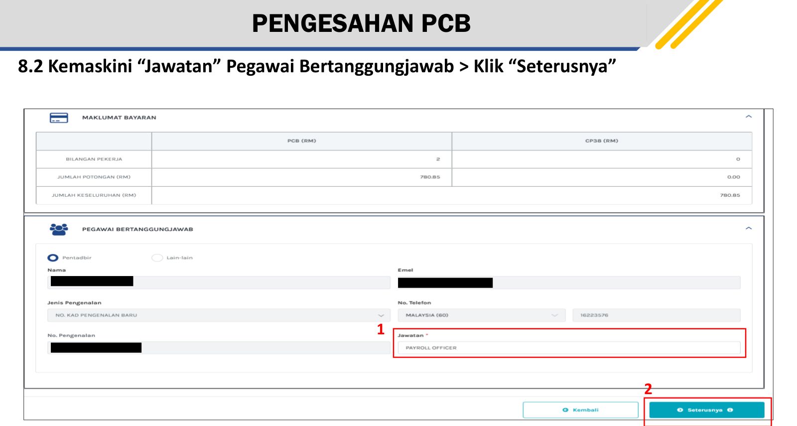 Pengesahan PCB: update Jawatan, then Seterusnya. Source: LHDN, e-PCB Plus training deck (14 Feb 2025), p.26.