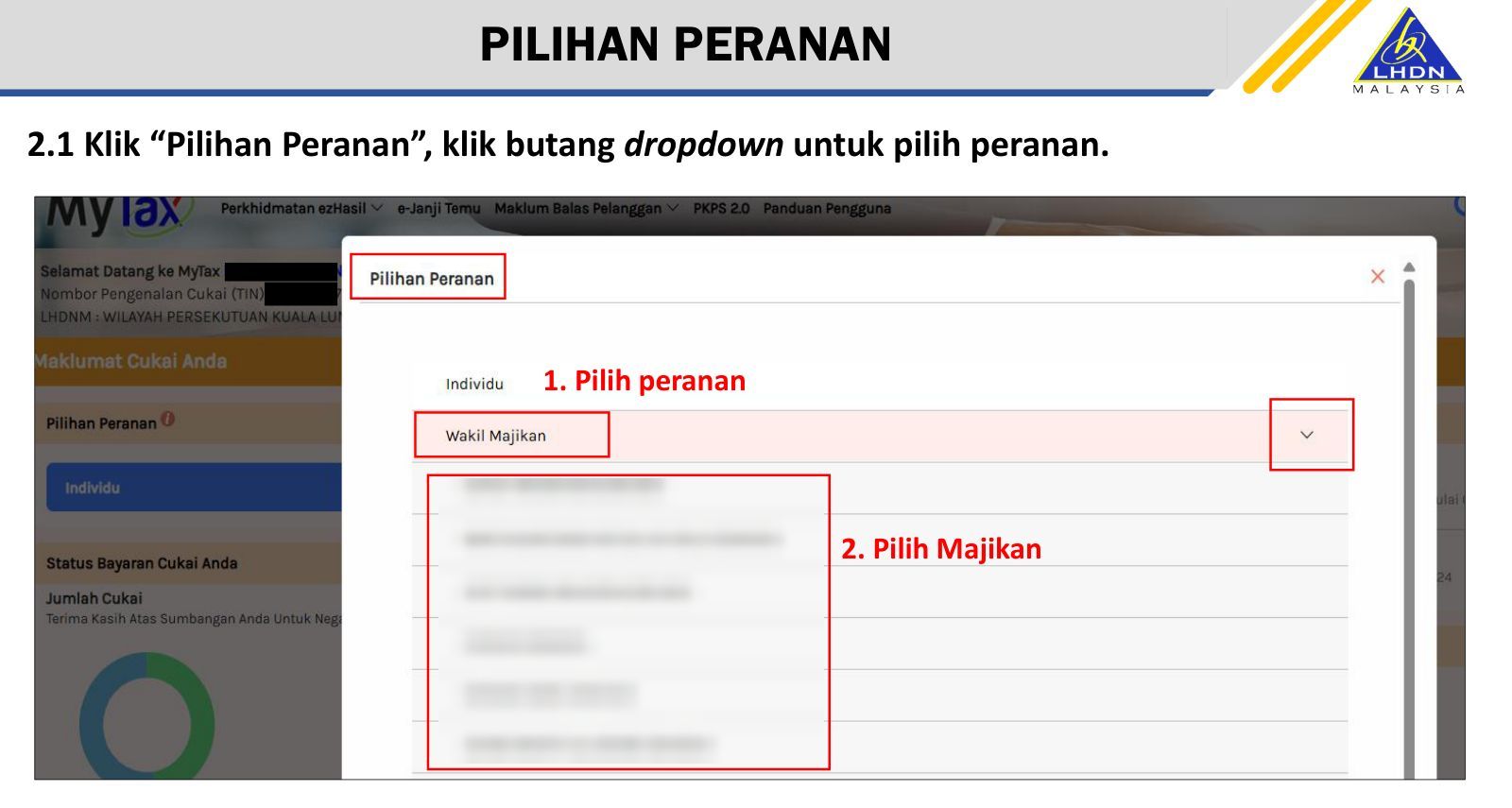 Pilihan Peranan: pick the role, then the employer. Source: LHDN, e-PCB Plus training deck (14 Feb 2025), p.7.