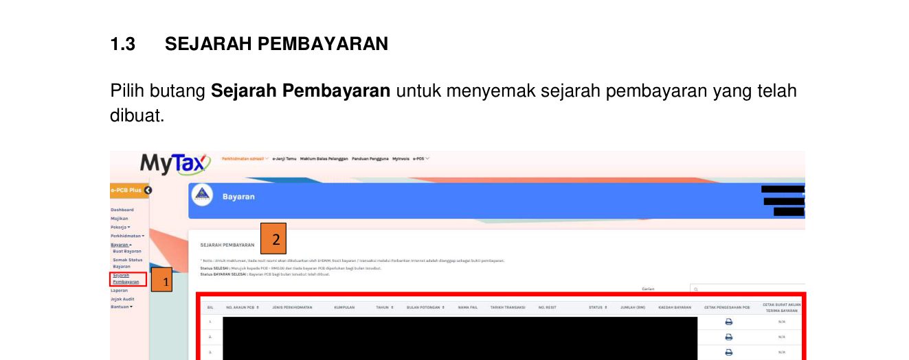 Bayaran > Sejarah Pembayaran: the printer icons give the Pengesahan PCB and the Surat Akuan Terima Bayaran. Source: LHDN, e-PCB Plus user guide: Bayaran, p.16.